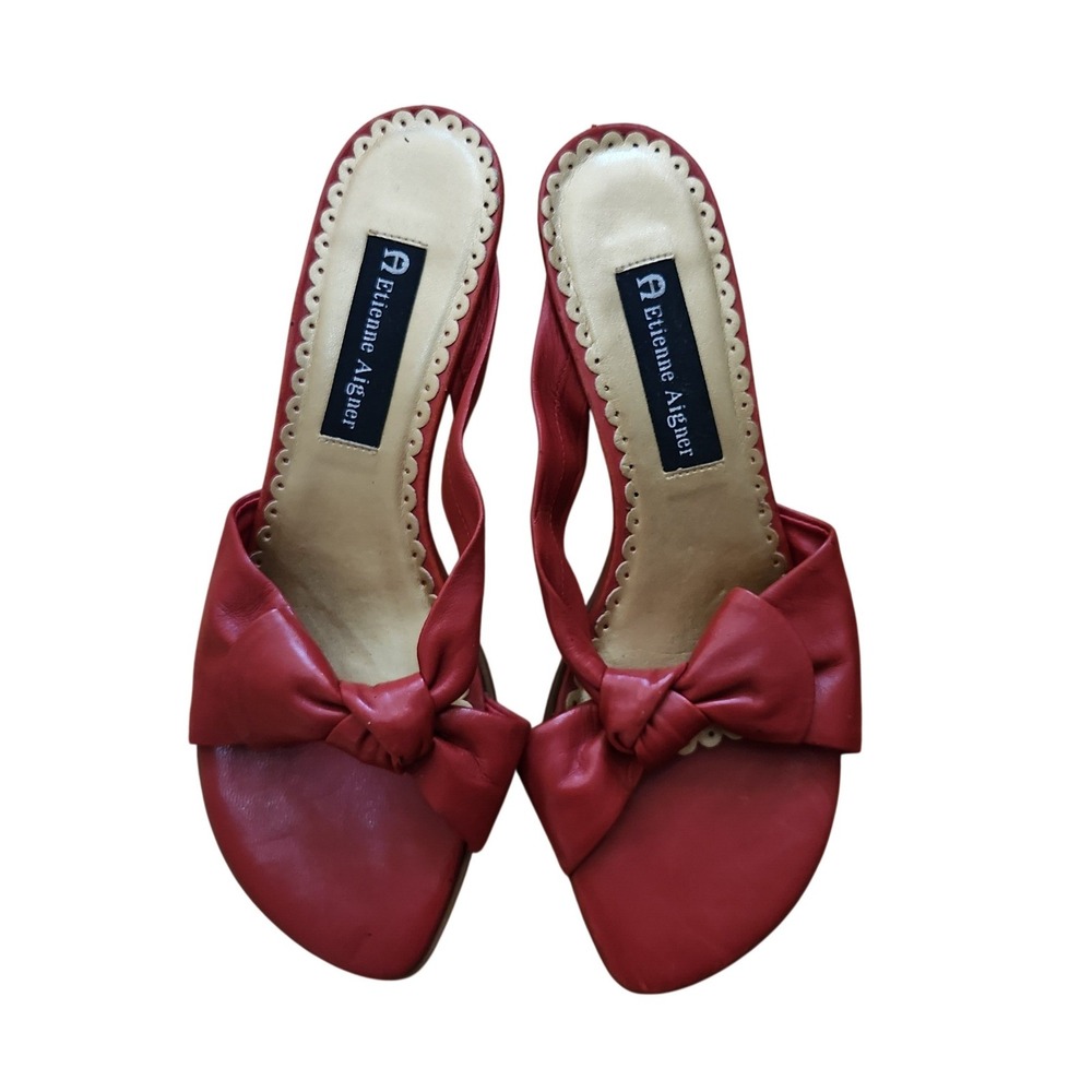 Etienne Aigner Red Bow Leather Mules Kitten Heel